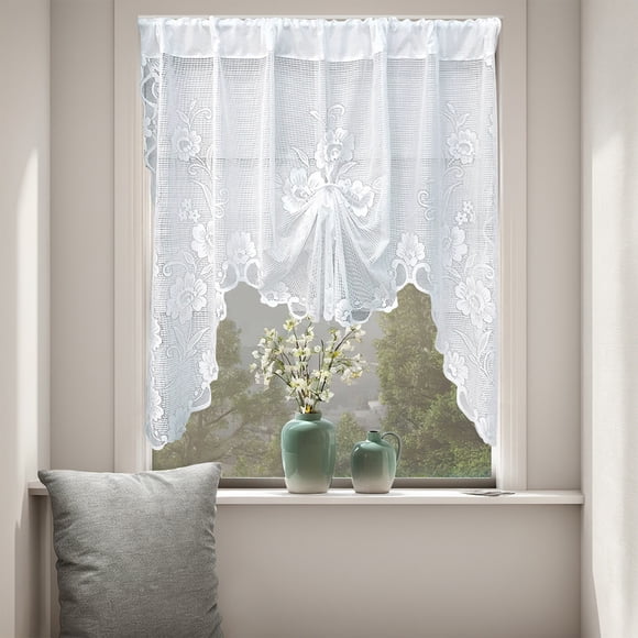 Boho Lace Sheer Curtains,Valances for Windows Swag Curtains ,White Lace Arched Sheer Curtain Floral Embroidered Swag Curtain Valance Tier for Doorway Kitchen,Short Floral Linen Semi Sheer Valance