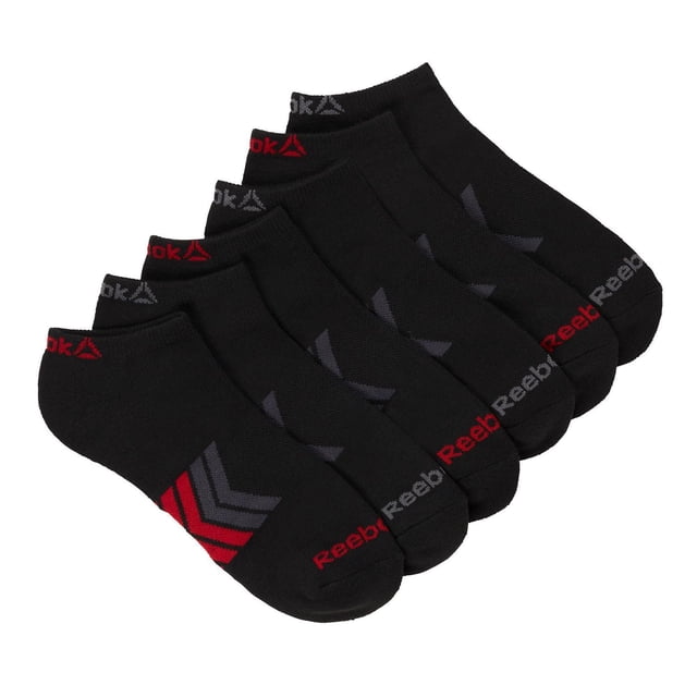 Reebok 6PK NO SHOW SOCK set of six men's black no show socks with red and grey Reebok logos on cuff and toe, sized 6-12.5, designed for athletic and casual use, also suitable for low-profile wear under shoes.