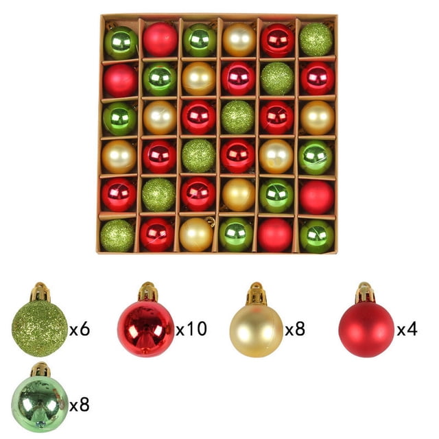 EGNMCR Christmas Ornaments 36-Pack featuring shatterproof Christmas ball ornaments in red, green, and gold finishes. Includes glitter, matte, and glossy designs, packaged in a grid-style box for easy organization. Ideal for decorating Christmas trees, wreaths, holiday decorations, and wedding ornaments.