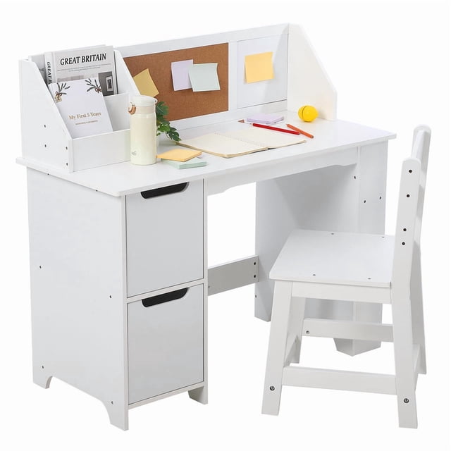Kids Study Desk and Chair Set, Wooden School Learning Table with Storage, Hutch and Bulletin Board, Children Computer Desk with Chair, Small Toddler Desk for Home, School, White