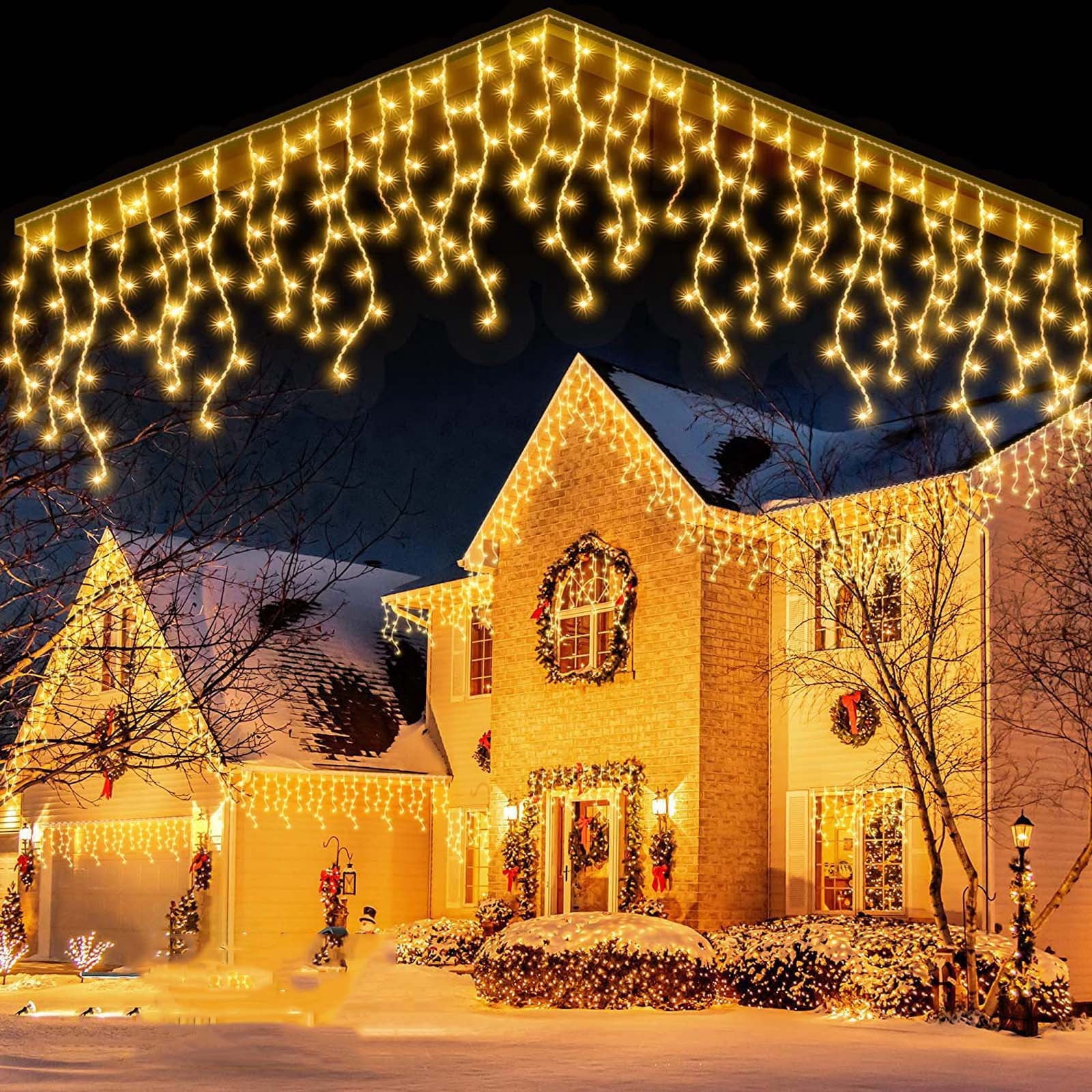LED Icicle Curtain String Lights | 120 Energy-Efficient Warm LEDs | 4m Length | 8 Lighting Modes | Waterproof Outdoor/Indoor Decoration | Christmas Holiday Rooftop Tree Balcony Enhancer
