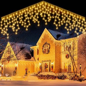 LED Icicle Curtain String Lights | 120 Energy-Efficient Warm LEDs | 4m Length | 8 Lighting Modes | Waterproof Outdoor/Indoor Decoration | Christmas Holiday Rooftop Tree Balcony Enhancer