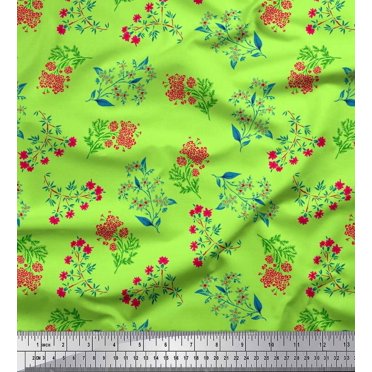 Soimoi Cotton Cambric Fabric Leaves & Pink Flower Floral Fabric Prints By Yard 56 Inch Wide