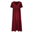thumbnail image 3 of Fshaion Robe d'Été pour Femmes 2024 Grande Taille Coton Lin Couleur Ample Col en V Manches Courtes Robe Liquidation à Moins de 10!, 3 of 5
