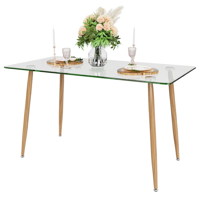 Gymax Modern Glass Dining Table Rectangular Dining Room Table W/Metal Legs For Kitchen