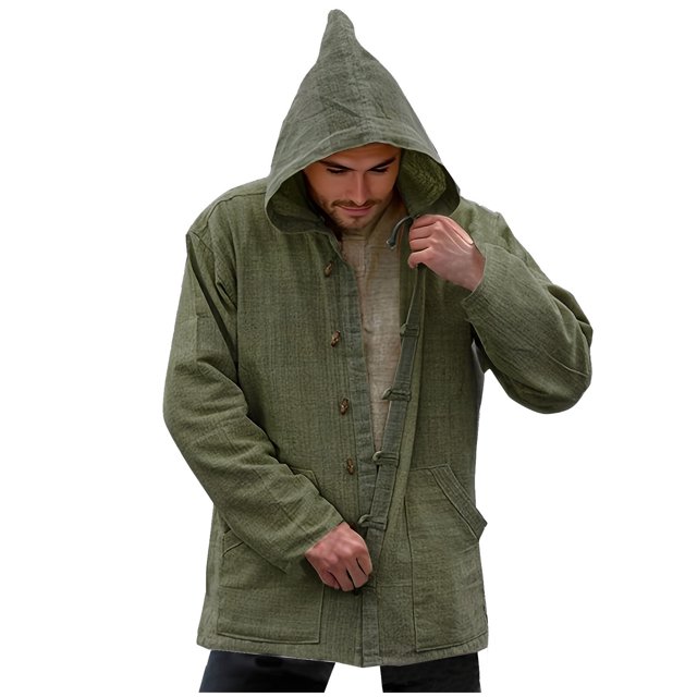 RXIRUCGD Manteau Décontracté pour Homme, Printemps et Automne, Uni, à Poches, à Boutons, Style Rétro, en Coton, à Capuche, Vert Armée, Taille : L