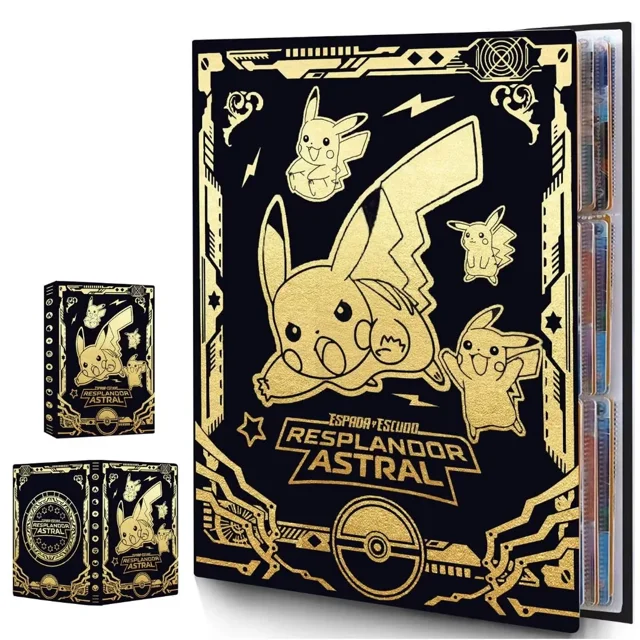 Trading Card Holder Card Album Binder with a black and gold Pikachu-themed design. This collector's album features 4 pockets per page, 30 pages, and a capacity for 240 trading cards. Made of durable PP material, it is waterproof, scratchproof, and dustproof, perfect for organizing collectible cards. A great gift for children and trading card enthusiasts.