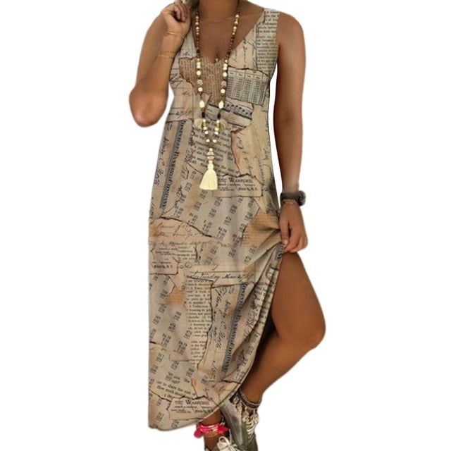 SMihono Robe Maxi Bohème d'Été pour Femmes Grande Taille Mode Femmes Été Aguichant Décontractée Sans Manches à Col en V Imprimée Longue Robe Plage Évasée Robe d'Été