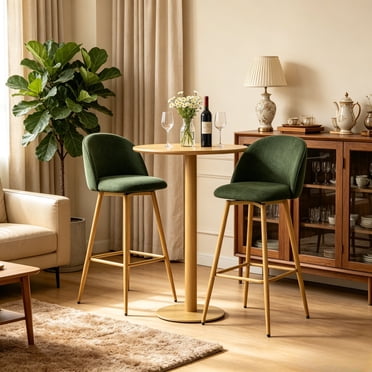 Homy Casa Green Upholstered Counter Height Bar Stools Set of 2 with 360° Swivel, Wood-Look Steel Legs and Footrest