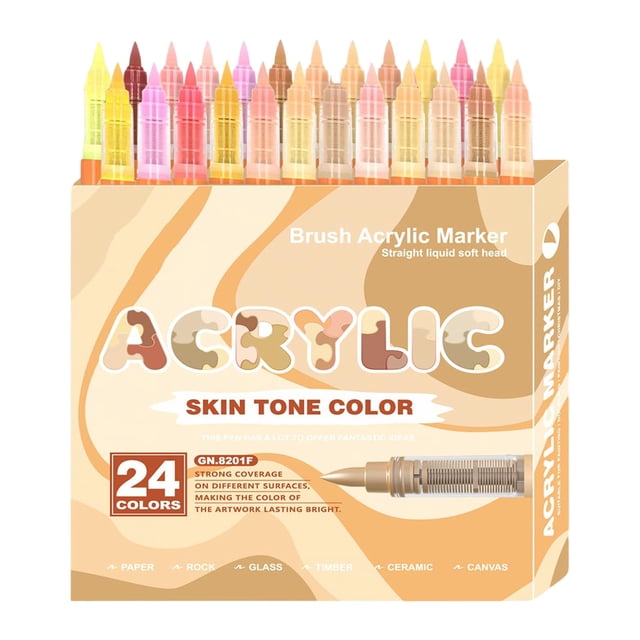 Skin Tone Acrylic Markers 24 Colors Anime Pro Soft Brush Tip Liquid Ink Pens Non Skin Colour Markers for Art on Canvas Rocks Glass Paper 1.8ml