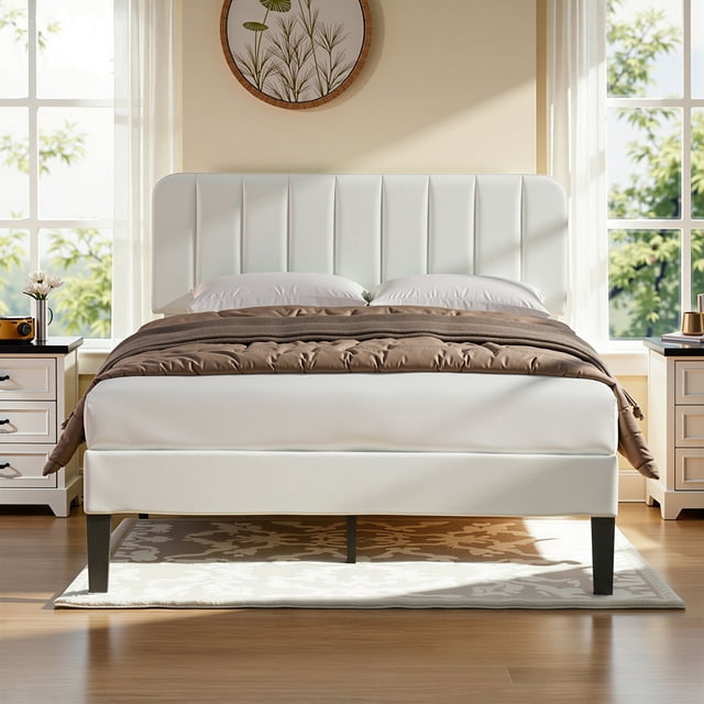 VECELO Queen Size Upholstered Beds, Modern Platform Bed Frame with Adjustable Headboard, Wooden Slats Support/No Box Spring Needed, Beige