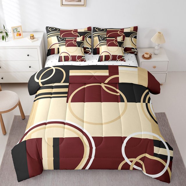 YST Ensemble de Literie Géométrique Moderne 7 Pcs Rouge Brun Noir Rayures Ensemble de Couette Taille Simple Cercles Rétro Tourbillons Décoration de Chambre Texture Abstraite Art Coloré pour Enfants Adultes