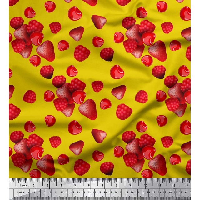 Soimoi Rayon Crepe Fabric Raspberry,Strawberry & Cherry Fruits Printed Craft Fabric by The Yard 46 Inch Wide