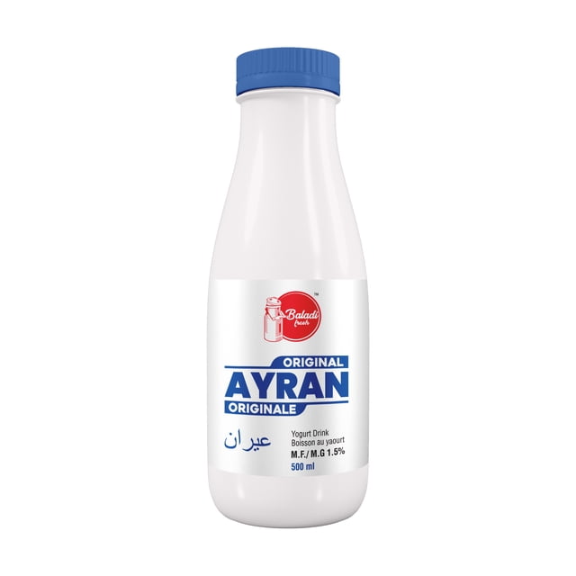 AYRAN ORIGINAL Baladi Fresh yogurt drink in a 500 ml white plastic bottle with a blue screw cap, labeled in English, French, and Arabic, containing 1.5% milk fat, ideal as a refreshing yogurt beverage.