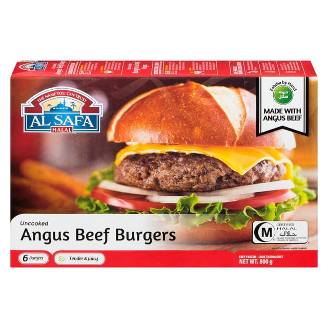 Al Safa Halal Ensemble de Burgers de Bœuf Angus Non Cuits avec six Galettes de Bœuf Halal Angus Non Cuites, 800 g, Montrant un Gros Plan d'Un Burgers Cuit avec Fromage cheddar, Laitue, Tomate et Oignon sur un Petit Pain, Convient aux Grillades et aux Repas BBQ.