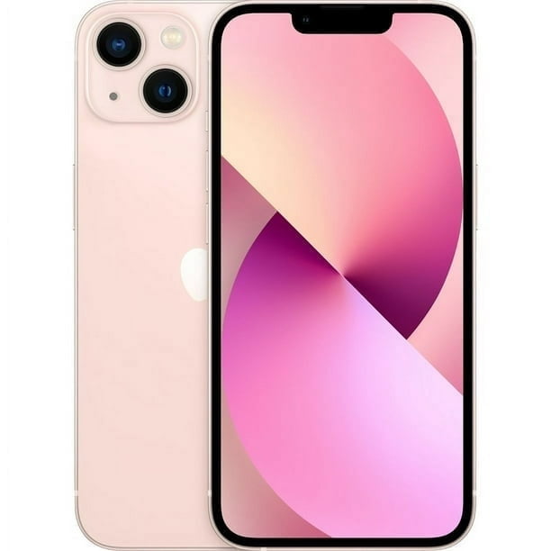 Restored Apple iPhone 13 256GB Fully Unlocked Pink Excellent (Refurbished). Front and back view showcasing the sleek flat-edged design, pink finish, and dual-camera system. Features include a Super Retina XDR display, A15 Bionic chip, 5G capability, and Ceramic Shield for durability.
