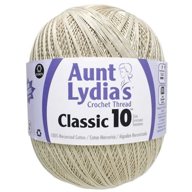 Aunt Lydia's® Classic™ Fil de Coton au Crochet Taille 10, 2730 yards Pelote de Fil de Coton beige Mercerisé avec Étiquette Violette et Blanche, Idéal pour les Projets de Crochet et de Tricot, Souvent Utilisé pour des Travaux de Dentelle Détaillés et des Projets d'Artisanat Plus Grands.