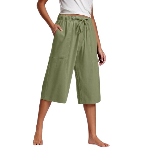 Kaemgyyd Womens Plus Size Capris Lounge Drawstring Cotton Linen Bermuda Shorts Flowy Wide Leg Beach Vaction Cropped Trousers