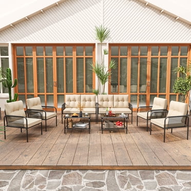 Costway 8 PCS Patio Furniture Set with Loveseat Tempered Glass Coffee Table & Soft Cushions
