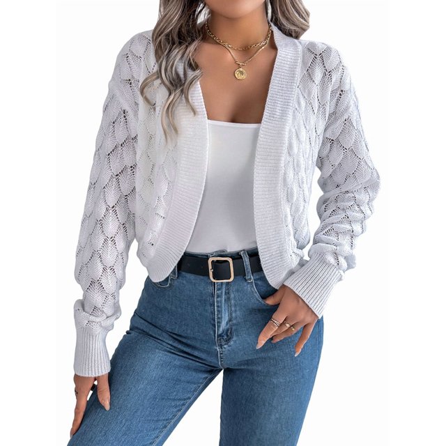 Cardigan Sweaters for Women Crochet Open Front Short Jacket Fall Winter Lantern Sleeve Cover Up White XL
