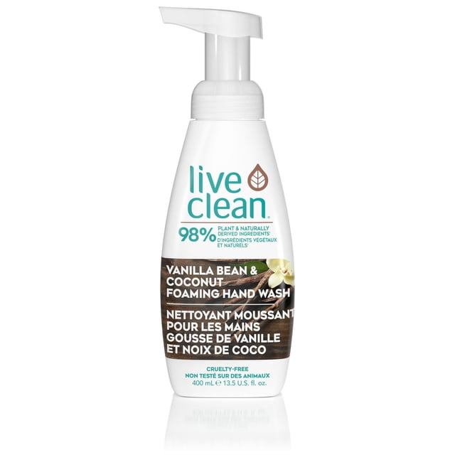 Live Clean Vanilla Bean & Coconut Foaming Hand Wash front-facing clear bottle with white pump and Live Clean label showing vanilla and coconut imagery; moisturizing foaming hand soap with vanilla-coconut scent, suitable for refilling foaming sink dispensers.