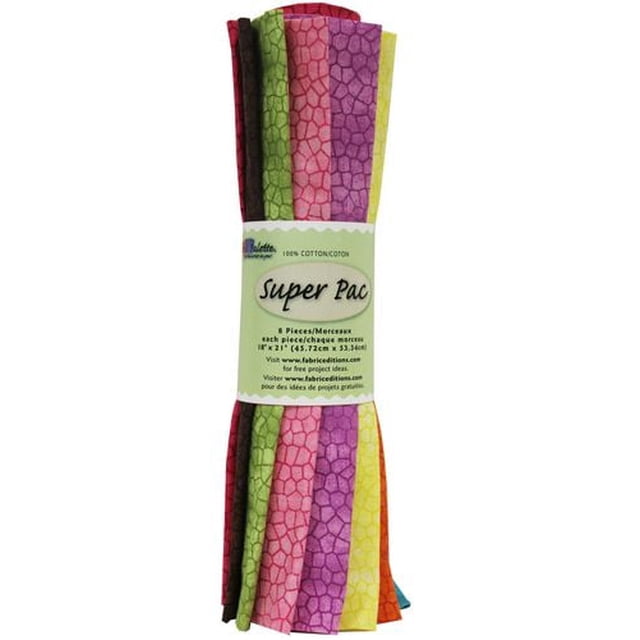 Fabric Creations Super Pac Fat Quarters bundle of eight 100% cotton pre-cut fabric pieces measuring 18 by 21 inches each, with coordinating prints in red, green, pink, purple, yellow, and orange, ideal for quilting, sewing, and home decor projects.