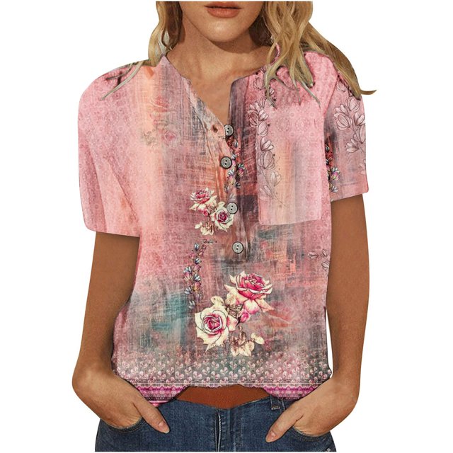 Birdeem Fashion Women Round Neck Short Sleeve Print Button Pocket Casual Tops