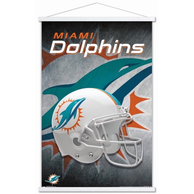 NFL Miami Dolphins - Affiche Murale Casque 18, 14,725 Po x 22,375 Po art Mural Encadré Présentant un Casque de football Blanc Centré avec le logo des Miami Dolphins Sarcelle et orange sur le Côté, sur Fond Gris Texturé avec un Grand Graphique de Dauphin Sarcelle et orange et un Texte « Miami Dolphins » en orange et Blanc au-Dessus, Convient à la Déco de la Maison, au Bureau Ou aux Chambres de Fans de Sport.