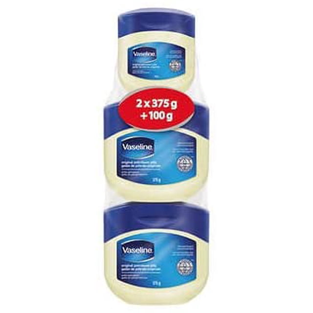 Vaseline Originale Gelée de Pétrole, 2 Paquets de 375 g et 1 Lot de 100 g, Disposés Verticalement avec des Étiquettes Bleues Transparentes Mettant en Valeur le logo de Vaseline et les Détails du Produit. l'Emballage Met en Valeur Son Sceau de Triple Purification, Propriétés Hypoallergéniques et Non Comédogènes, et Utilisation Polyvalente pour les Soins du Corps, Y Compris la Peau Sèche, les Coupures, les Éraflures et les Brûlures Éoliennes.