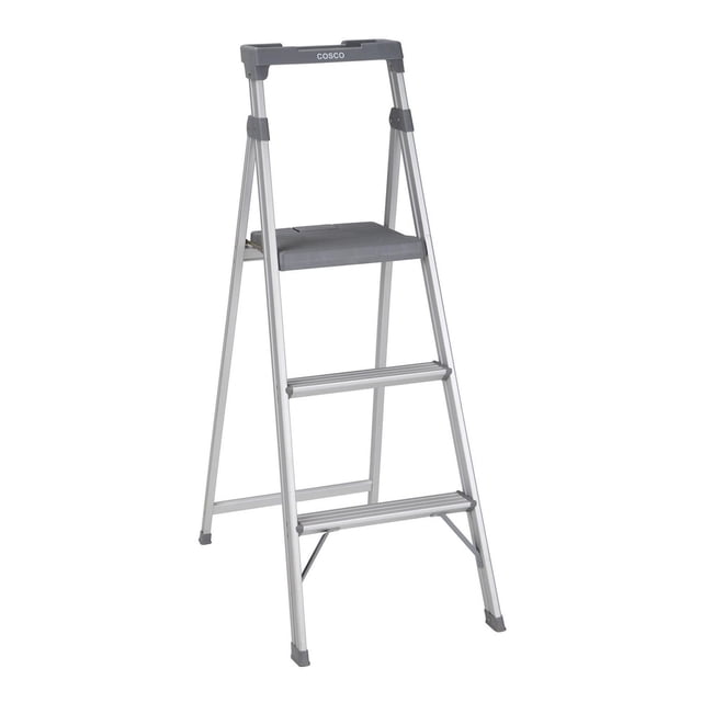 COSCO 3 Step Connection Step Stool in white and gray with three aluminum steps and a large slip-resistant top platform, featuring stable feet and a foldable frame for easy storage, ideal for household tasks requiring up to 8 feet 10 inches reach.