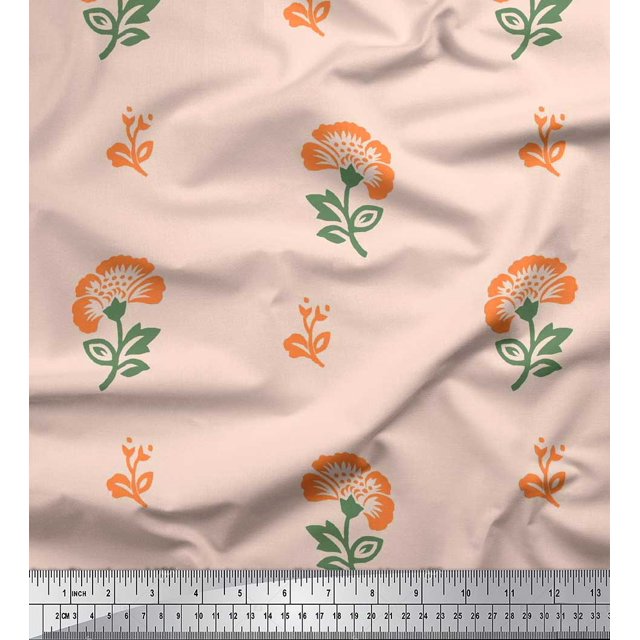 Soimoi Polyester Crepe Fabric Leaves & Floral Block Print Fabric by The Yard 52 Inch Wide