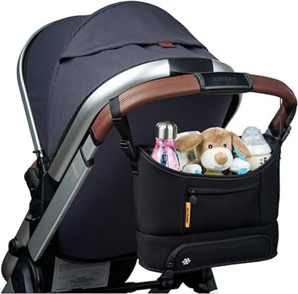 Bababing Stroller Caddy Organizer - Black - Compatible with All Strollers - Quick Attach with Adjustable Clips - Holds 2 Bottles, Large Central Pouch for Snacks, Phones, Essentials - Secure Zip Pocket