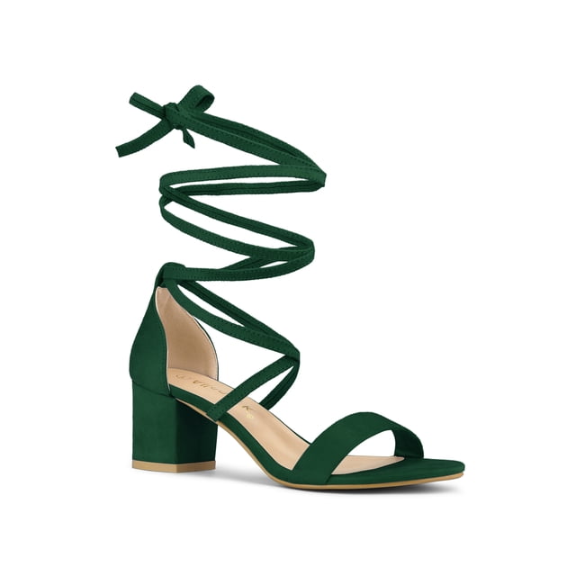 BLISSFUL STEP Women's Open Toe Lace up Sandals Mid Block Heels Sandals Green 5
