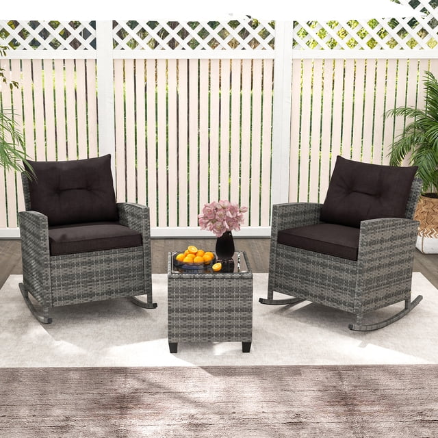 Costway 3 PCS Patio Wicker Rocking Set with Tempered Glass Table & Soft Cushions Outdoor Black, Mix Gray