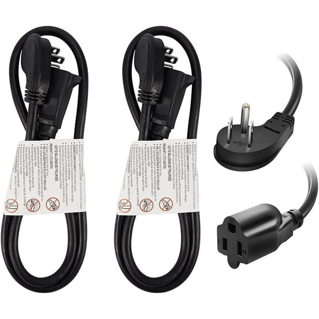 EP 2 Pack 3 Ft 16/3 Flat Plug Indoor Extension Cord in black, featuring a low-profile design. Each cord is 3 feet long, made of 100% copper with a durable vinyl jacket that resists moisture, abrasion, and sunlight. Includes reinforced blades to prevent bending, molded plugs, and heavy-duty strain relief for extended cord life. Rated for 13A, 125V, and 1625 watts, suitable for indoor use. UL certified and flame retardant.