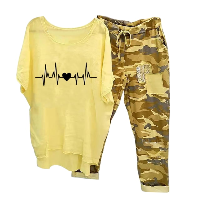 Ensembles d'Été Deux Pièces pour Femmes, Imprimé, Col Ras du Cou, Manches Mi-Longues, Chandail à Enfiler, Hauts + Pantalon, Ensemble de Pantalons, Ensembles Confortables pour Femmes en Liquidation