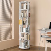 Solid Wood Rotating Bookshelf with Wheels Spinning Bookcase Tower  Round Revolving Vertical Book Shelf for Small Spaces  Corner  Bedroom  Home Office  Walnut
