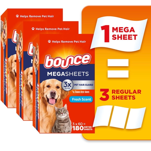 Bounce Pet Hair and Lint Guard Mega Dryer Sheets with Hair Fighters, Fresh Scent 180CT