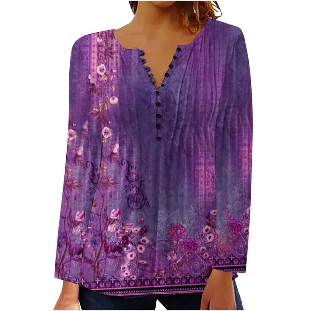 IROINNID Offre des Hauts de Tunique pour les Femmes Womens Chemise Oversize Confortable Été Sexy Pli Imprimé Régulier Long Manches Col Rond Bouton Haut, Violet