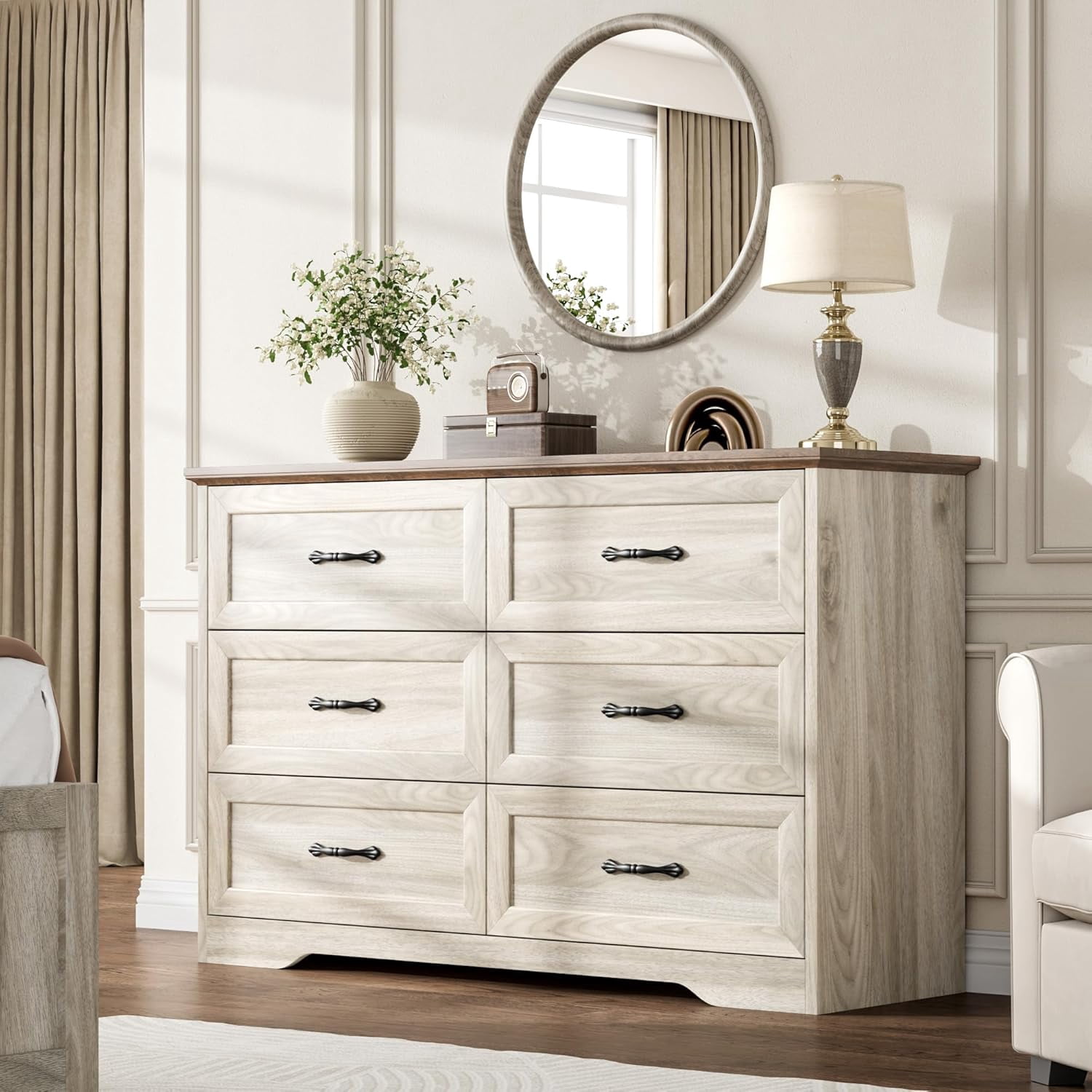 6 Drawers Dresser for Bedroom, Chest of Drawers with Wide Metal Handle, Farmhouse Modern Wooden Dresser, Natural Texture, Storage Organizer for Bedroom, Living Room, Kids Room(Beige)