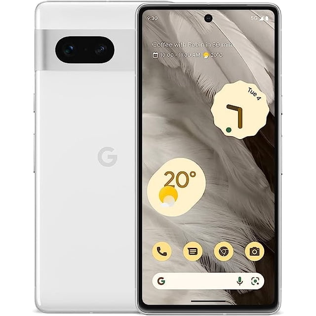 Google Pixel 7 128 Go Tout Neuf Déverrouillé d'Usine Téléphone Intelligent Affiché en Vue avant et Arrière. l'Écran avant Montre un Papier Peint à Thème Plume, des Icônes d'Appli et des widgets, des Fonctionnalités en Surbrillance comme la Batterie Adaptative et un Effaceur Magique. l'Arrière Présente une Finition Blanche Élégante avec le logo Google et un module à Double Caméra.