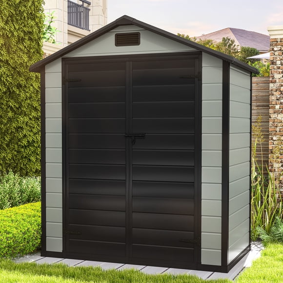DEXTRUS Remise Extérieure en Résine 6,2 X 3,4 Pi avec Fenêtre, Évent et Porte Verrouillable, 20,1 Pi2 Rangement de Jardin et Mobilier de Patio Résistants aux Intempéries, Noir et Gris