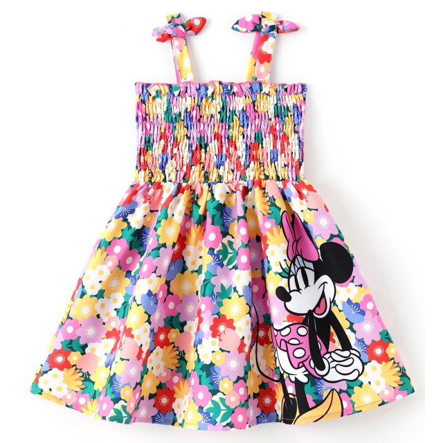 Disney Robes pour Tout-Petites Filles Minnie Mouse Graphique Mignonne Fleur Nœud Robe à Bretelles Smockée Taille 3-4T