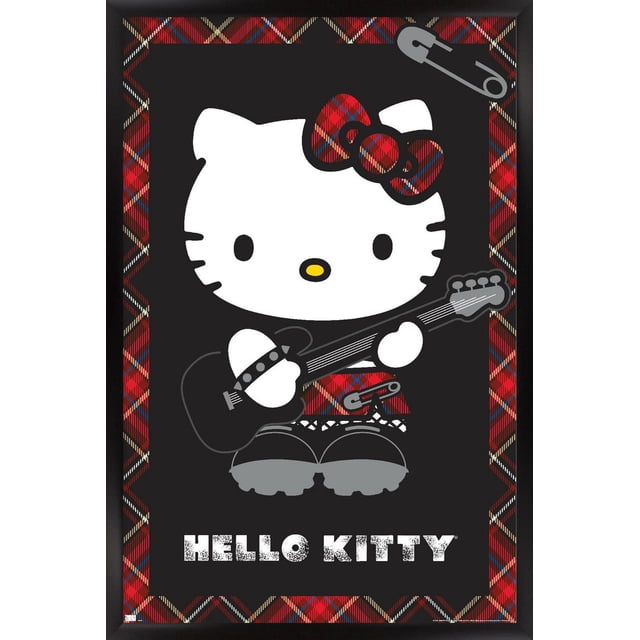Hello Kitty - Affiche Murale Punk, 22,375 Po x 34 Po Mettant en Vedette Hello Kitty Tenant une Guitare Électrique Noire. Elle Porte un Nœud et une Jupe à Carreaux Rouges et Noirs avec un Détail d'Épingle de Sécurité, sur un Fond Noir Encadré d'Une Bordure à Carreaux Rouges et Noirs. Texte « Hello Kitty » Blanc au Bas. Cette Affiche Lustrée Est Légère et Facile à Accrocher, Idéale pour la Déco Murale de Chambre Ou de Dortoir.