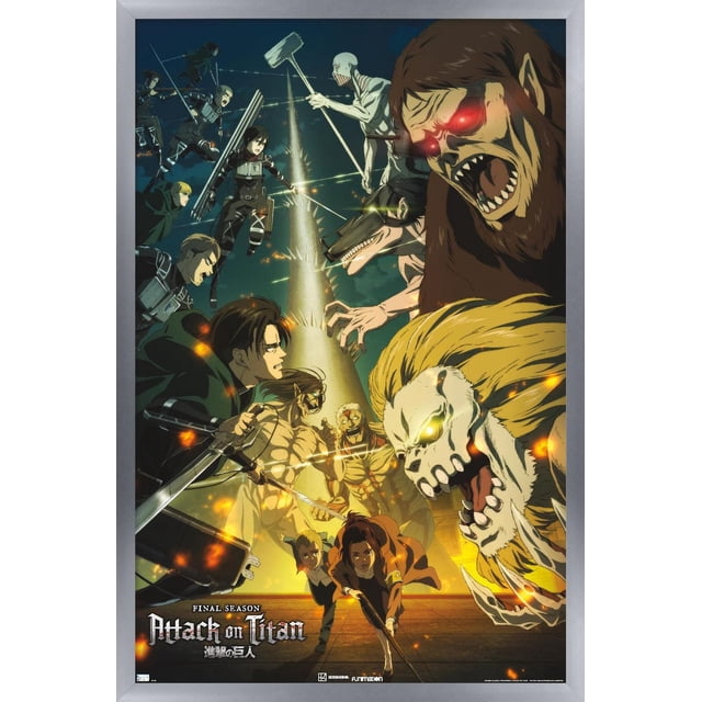 Attack on Titan : Saison 4 - Affiche Murale Key Visual 3 avec Cadre Magnétique, 22,375 Pouces x 34 Pouces Mettant en Vedette une Oeuvre Murale d'Anime de titans aux Yeux Lumineux et de Soldats Utilisant un Équipement de Manœuvre Verticale Autour d'Une Tour à Picots, Imprimée sur Papier Lustré, Convient à la Déco Maison et à l'Exposition d'Art Mural.