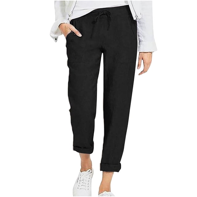 Birdeem Womens Solid Color Drawstring High Waist Pocket Loose Large Size Cotton Casual Pants