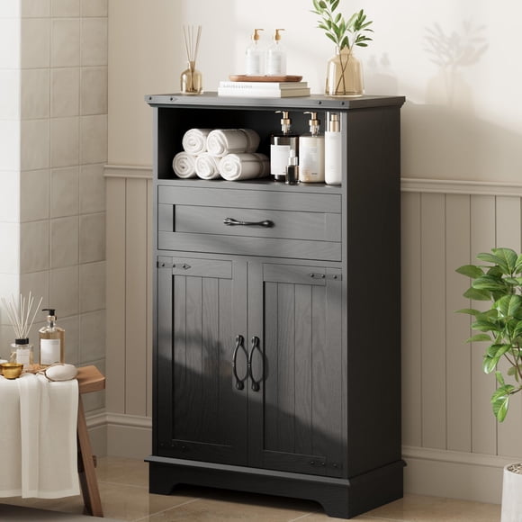Farmhouse Freestanding Bathroom Cabinet, Wooden Storage Unit with Doors, Drawer & Open Shelf, Multi-Purpose Storage for Bathroom, Kitchen, Laundry, Bedroom, Living Room, Space-Saving Furniture, Black