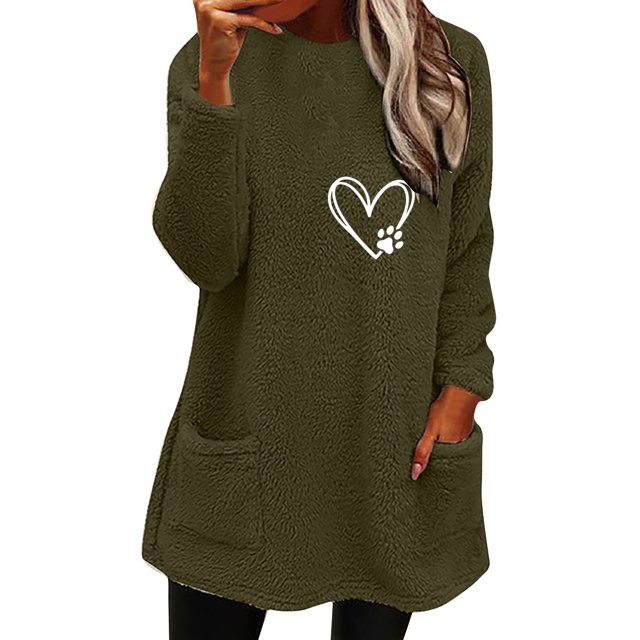 Qertyioot Hauts Grande Taille pour Femmes, Blouse à Col Rond et Imprimé d'Hiver Ample avec Poche Manches Longues