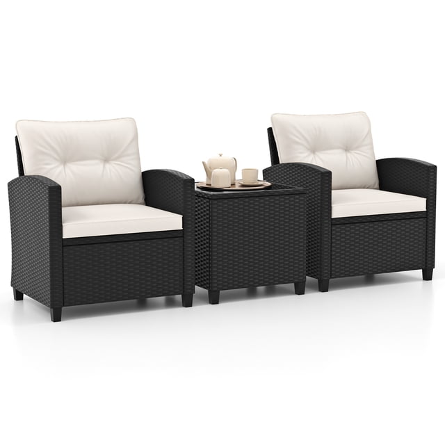 Gymax Ensemble de Mobilier de Patio 3 Pcs avec Table Basse en Verre Trempé Coussins Lavables Blanc