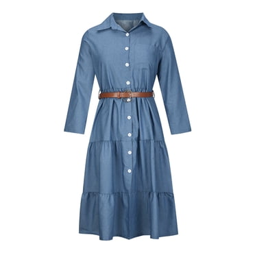RXIRUCGD Robes d'Été pour Femmes Mode d'Été Denim Col à Revers Denim Col Carré à Panneaux Boutonné Robe Chemise Midi Robes en Jean pour Femmes Robe Bleu Denim